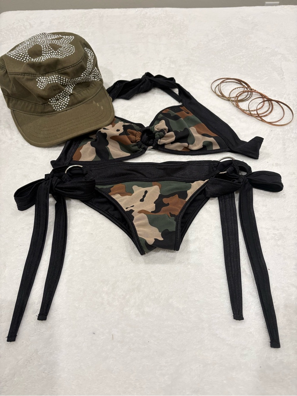Katrina Camo Tie-side Bikini Set/Army Green & Black Micro Swimwear/size S/M